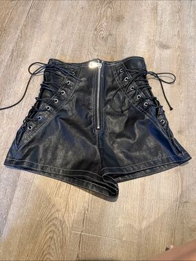High-Waist Black Lace-Up Faux Leather Shorts (see description!!)
